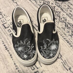 Vans Black and White Floral Slip-Ons